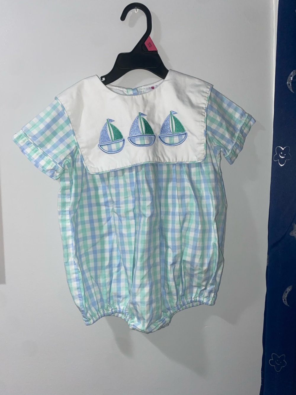 Children's Sailboat Plaid Romper - Light Blue & Green